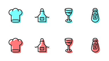 Şarap kadehi, şef şapkası, mutfak önlüğü ve tuz ikonu. Vektör.