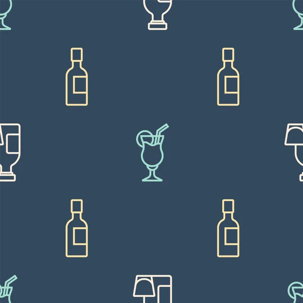 Set Linie Alkoholgetränk Rum Champagnerflasche Und Cocktail Auf Nahtlosem Muster — Stockvektor