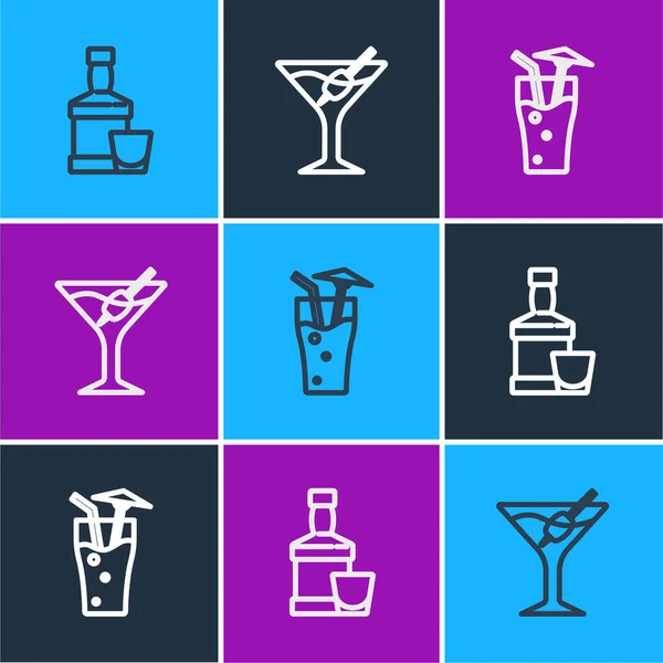 Set Lijn Whiskey Fles Glas Cocktail Martini Icoon Vector — Stockvector