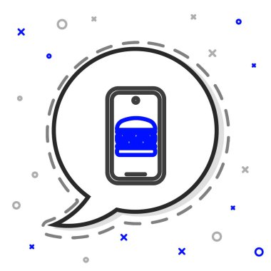 Çevrimiçi sipariş verme ve fast food dağıtım simgesi beyaz arka planda izole edildi. Burger tabelası. Renkli taslak konsepti. Vektör.