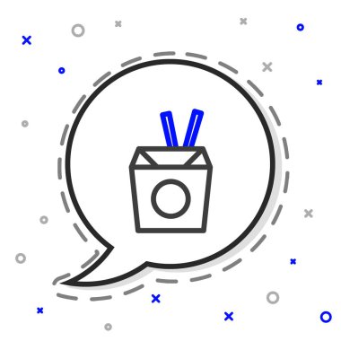 Karton kutuda Asya erişteleri ve beyaz arka planda izole edilmiş yemek çubukları ikonu. Sokak yemeği. Kore, Japon, Çin yemekleri. Renkli taslak konsepti. Vektör.