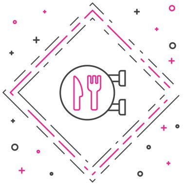 Line Cafe ve restoran konumu simgesi beyaz arka planda izole edildi. Noktanın içinde çatal ve kaşık yeme işareti var. Renkli taslak konsepti. Vektör..