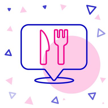 Line Cafe ve restoran konumu simgesi beyaz arka planda izole edildi. Noktanın içinde çatal ve kaşık yeme işareti var. Renkli taslak konsepti. Vektör..