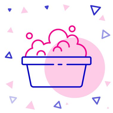 Beyaz zemin üzerinde sabun köpüğü simgesi olan çizgi plastik leğen. Sulu kase. Çamaşır yıkama, temizlik malzemeleri. Renkli taslak konsepti. Vektör.