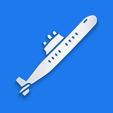 Kağıt kesiği denizaltı simgesi mavi arka planda izole edilmiş. Askeri gemi. Kağıt sanatı tarzı. Vektör.