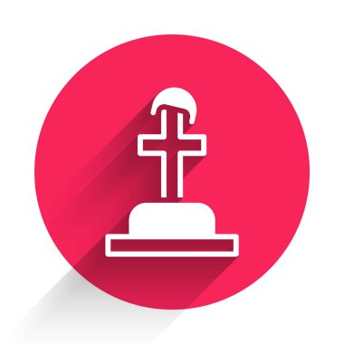 Uzun gölgeli beyaz asker mezar ikonu. Bilinmeyen askerin mezarı. Kırmızı daire düğmesi. Vektör.