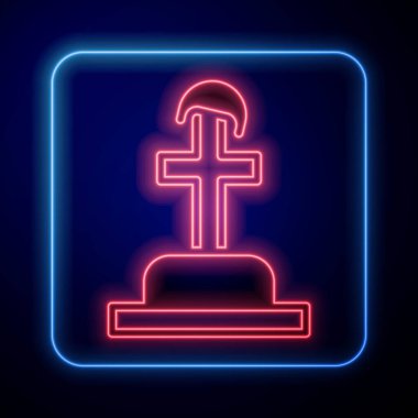 Parlayan neon asker mezar ikonu mavi arka planda izole edildi. Bilinmeyen askerin mezarı. Vektör.