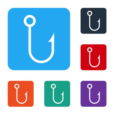 Beyaz balık oltası simgesi beyaz arkaplanda izole edildi. Balık oltası. Renkli kare düğmelerle simgeleri ayarla. Vektör.