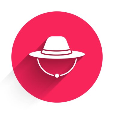 Beyaz Kamp şapkası ikonu uzun gölgeli. Plaj şapkası panaması. Avcılık, yürüyüş ve turizm için gezgin şapkası. Kırmızı daire düğmesi. Vektör.