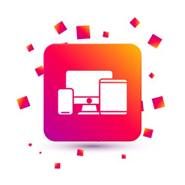 Beyaz bilgisayar monitörü, grafik tablet ve cep telefonu simgesi beyaz arkaplanda izole edildi. İnternetten kazanç, pazarlama. Kare renk düğmesi. Vektör.