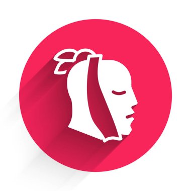 Beyaz diş ağrısı simgesi uzun gölgeli izole edilmiş. Kırmızı daire düğmesi. Vektör.