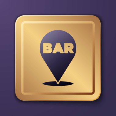 Mor Alkol veya bira barı konumu simgesi mor arka planda izole edilmiş. İçki, bar, kulüp ve barın sembolü. Altın kare düğme. Vektör.