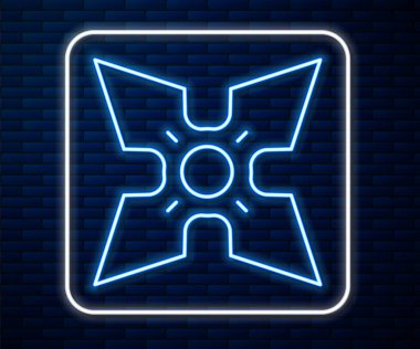 Işıldayan neon hattı Japon ninja shuriken simgesi tuğla duvar arkasında izole edildi. Vektör.