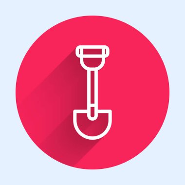 Uzun gölgeli izole edilmiş asker ikonu için beyaz çizgi istihkamcı küreği. Kırmızı daire düğmesi. Vektör.