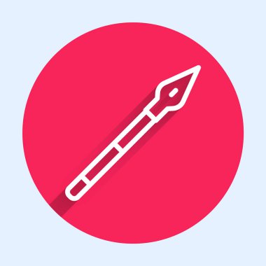 Beyaz çizgi Ortaçağ mızrak ikonu uzun gölgeli izole edilmiş. Ortaçağ silahı. Kırmızı daire düğmesi. Vektör.