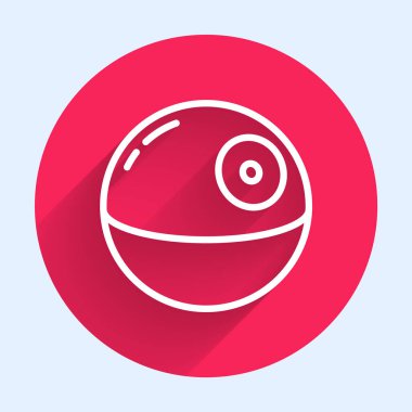 Beyaz çizgi Ölüm Yıldızı ikonu uzun gölgelerle izole edilmiş. Kırmızı daire düğmesi. Vektör.