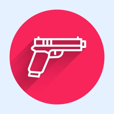 Beyaz çizgi tabanca ya da uzun gölgeli silah ikonu. Polis ya da askeri silah. Küçük ateşli silah. Kırmızı daire düğmesi. Vektör.