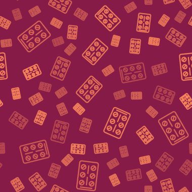 Kahverengi çizgili haplar, kırmızı arka planda izole edilmiş iz bırakıyor. İlaç paketi. Tablet, vitamin, antibiyotik, aspirin. Vektör.