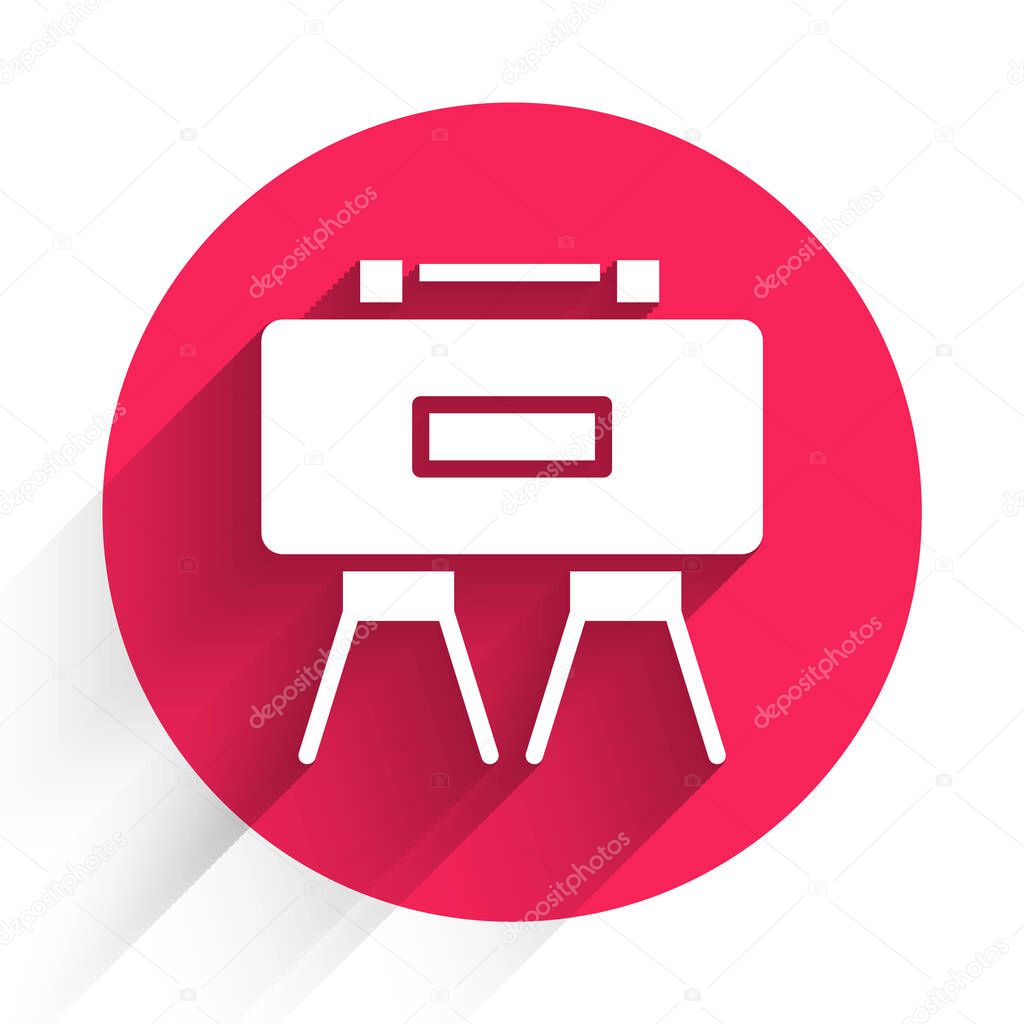 White Military mine icon isolated with long shadow. Claymore mine explosive device. Anti personnel mine. Army explosive. Red circle button. Vector.