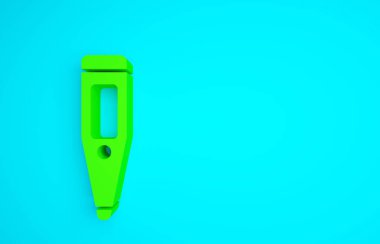 Tıbbi inceleme ikonu için yeşil medikal termometre mavi arka planda izole edildi. Minimalizm kavramı. 3d illüstrasyon 3B canlandırma.
