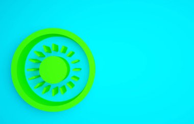 Yeşil Güneş simgesi mavi arkaplanda izole edildi. Yaz sembolü. Güneşli bir gün. Minimalizm kavramı. 3d illüstrasyon 3B canlandırma.