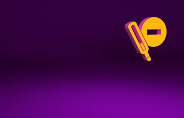 Tıbbi inceleme ikonu için turuncu termometre mor arka planda izole edildi. Minimalizm kavramı. 3d illüstrasyon 3B canlandırma.