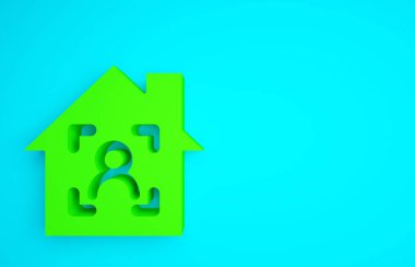 Mavi arkaplanda yüz tanıma simgesine sahip Green Smart evi. Yüz tanımlama simgesi. Yüz tanıma. Siber güvenlik kavramı. Minimalizm kavramı. 3d illüstrasyon 3B canlandırma.