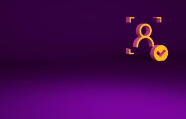 Mor arkaplanda işaretli turuncu yüz tanıma özelliği var. Yüz tanımlama simgesi. Yüz tanıma. Siber güvenlik kavramı. Minimalizm kavramı. 3d illüstrasyon 3B canlandırma.