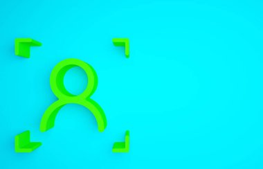 Mavi arkaplanda yeşil yüz tanıma simgesi izole edildi. Yüz tanımlama simgesi. Yüz tanıma. Siber güvenlik kavramı. Minimalizm kavramı. 3d illüstrasyon 3B canlandırma.