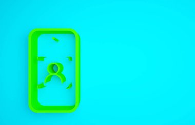 Yeşil cep telefonu ve yüz tanıma simgesi mavi arkaplanda izole edildi. Yüz tanımlama simgesi. Yüz tanıma. Siber güvenlik. Minimalizm kavramı. 3d illüstrasyon 3B canlandırma.