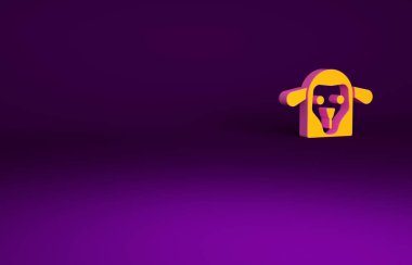 Mor arka planda izole edilmiş turuncu koyun kafası simgesi. Hayvan sembolü. Minimalizm kavramı. 3d illüstrasyon 3B canlandırma.