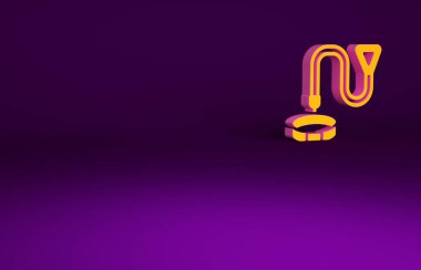 Mor arkaplanda isim etiketi simgesi olan turuncu yakalı. Evcil hayvanlar için basit malzemeler. Kedi köpek bakımı. Evcil hayvan zincirleri. Minimalizm kavramı. 3d illüstrasyon 3B canlandırma.