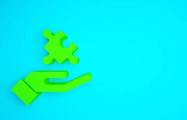 Psikoloji ikonundaki probleme yeşil çözüm mavi arka planda izole edildi. Bulmaca. Akıl sağlığı terapisi. Minimalizm kavramı. 3d illüstrasyon 3B canlandırma.