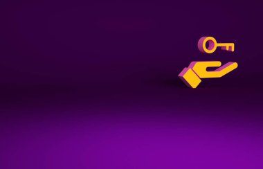 Mor arka planda izole edilmiş psikolojik ikondaki soruna turuncu çözüm. Anahtar. Akıl sağlığı terapisi. Minimalizm kavramı. 3d illüstrasyon 3B canlandırma.