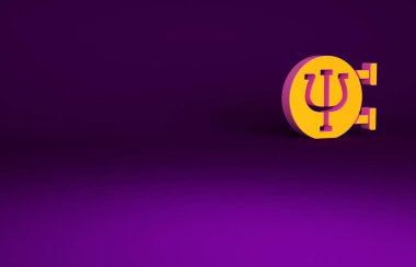 Mor arkaplanda izole edilmiş turuncu psikoloji ikonu. Psi sembolü. Akıl sağlığı konsepti, psikanaliz analizi ve psikoterapi. Minimalizm kavramı. 3d illüstrasyon 3B canlandırma.