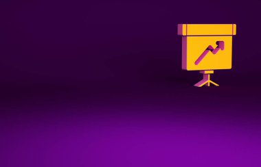 Mor zemin üzerinde grafik, çizelge, grafik, grafik, bilgi, turta grafik simgesi bulunan turuncu sunum tahtası. Minimalizm kavramı. 3d illüstrasyon 3B canlandırma.