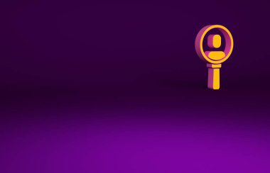 Mor arka planda izole edilmiş bir insan simgesini aramak için turuncu büyüteç. İşe alma ya da seçme. Çalışanları ve işi ara. Minimalizm kavramı. 3d illüstrasyon 3B canlandırma.