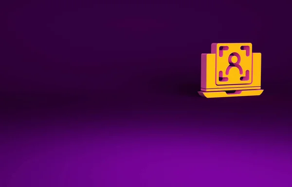 紫色の背景に孤立顔認識アイコンとオレンジのラップトップ 顔識別スキャナーのアイコン 顔のId サイバーセキュリティの概念 最小限の概念 3Dイラスト3Dレンダリング — ストック写真