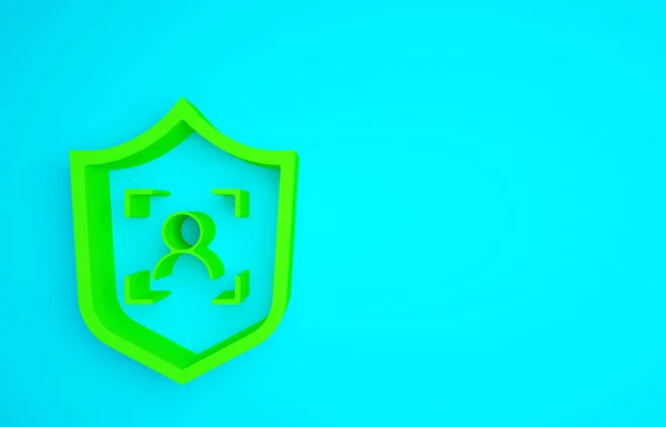 Green Shield face recognition icon isolated on blue background. Face identification scanner icon. Facial id. Cyber security concept. Minimalism concept. 3d illustration 3D render.