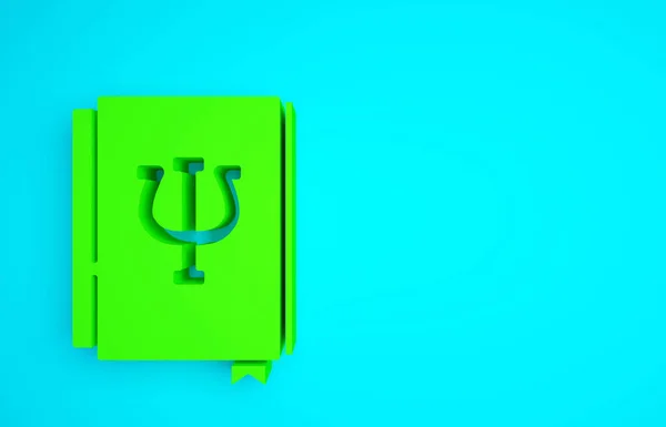 Green Psychology book icon isolated on blue background. Psi symbol. Mental health concept, psychoanalysis analysis and psychotherapy. Minimalism concept. 3d illustration 3D render.