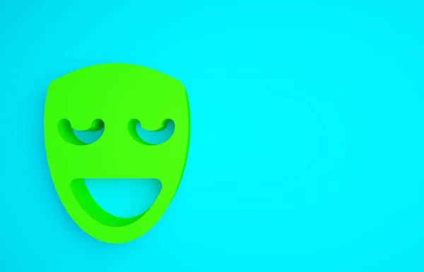青の背景に隔離された緑のコメディ劇場用マスクアイコン 最小限の概念 3Dイラスト3Dレンダリング — ストック写真