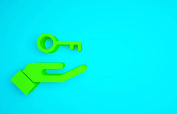 Green Solution to the problem in psychology icon isolated on blue background. Key. Therapy for mental health. Minimalism concept. 3d illustration 3D render.