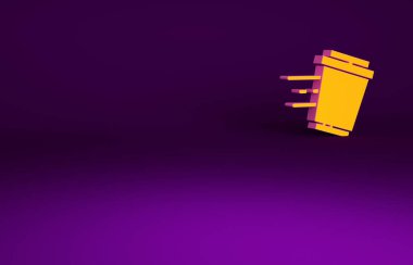 Mor arka planda izole edilmiş turuncu kahve fincanı. Minimalizm kavramı. 3d illüstrasyon 3B canlandırma.