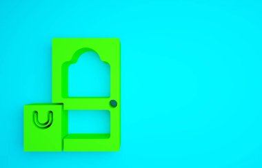 Yeşil Çevrimiçi sipariş ve fast food dağıtım ikonu mavi arka planda izole edildi. Minimalizm kavramı. 3d illüstrasyon 3B canlandırma.