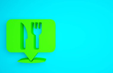 Yeşil kafe ve restoran konumu ikonu mavi arka planda izole edildi. Noktanın içinde çatal ve kaşık yeme işareti var. Minimalizm kavramı. 3d illüstrasyon 3B canlandırma..