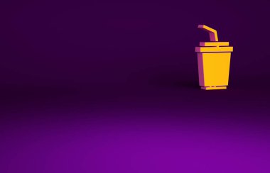 Mor zemin üzerinde saman ve su ikonu bulunan turuncu kağıt bardak. Soda bardağı. Taze soğuk içecek sembolü. Minimalizm kavramı. 3d illüstrasyon 3B canlandırma.