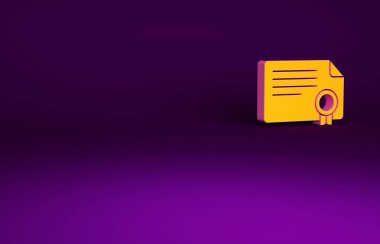 Mor arkaplanda turuncu sertifika şablon simgesi izole edildi. Başarı, ödül, diploma, burs, diploma kavramları. Minimalizm kavramı. 3d illüstrasyon 3B canlandırma.