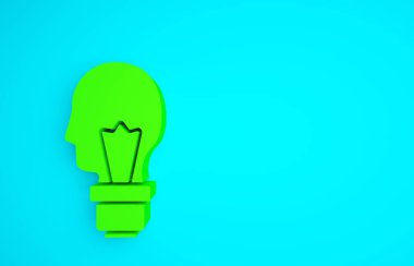 Fikir ikonu kavramına sahip yeşil ampul mavi arkaplanda izole edildi. Enerji ve fikir sembolü. İlham konsepti. Minimalizm kavramı. 3d illüstrasyon 3B canlandırma.