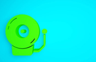 Mavi arkaplanda yeşil zil simgesi izole edildi. Alarm sembolü, servis zili, el zili işareti, uyarı sembolü. Minimalizm kavramı. 3d illüstrasyon 3B canlandırma.