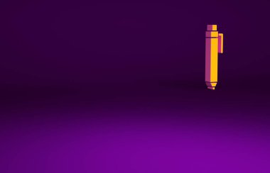 Mor arkaplanda izole edilmiş turuncu kalem simgesi. Minimalizm kavramı. 3d illüstrasyon 3B canlandırma.